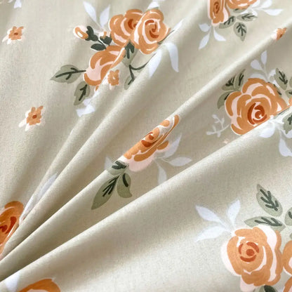 Beige duvet cover bedding set with soft vintage-style peach rose and green leaf floral pattern for bedroom decor