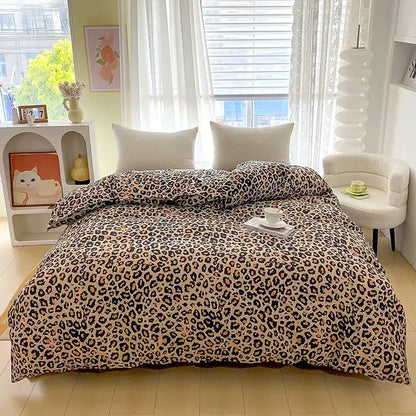 Vibrant floral leaf duvet cover bedding set featuring decorbites leopard print in beige black and brown for bedroom decor