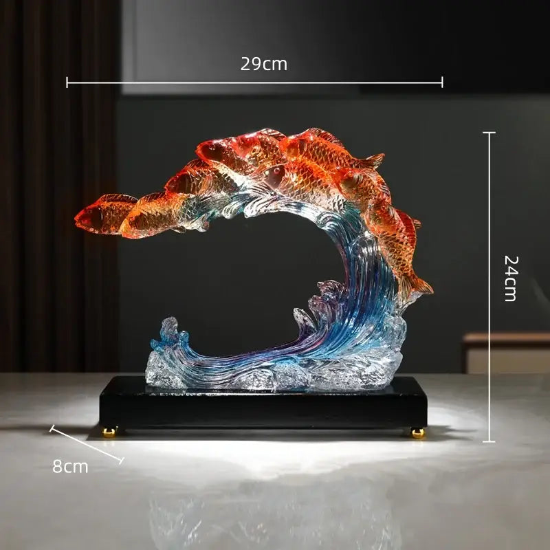 Vibrant orange and blue resin sculpture of decorbites gradient goldfish capturing dynamic wave motion for living room decor