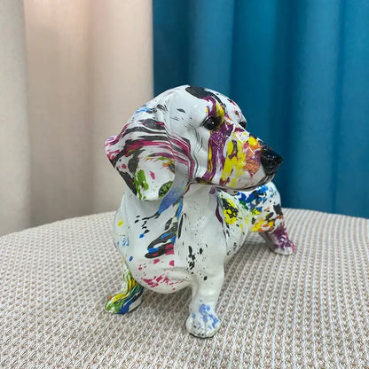 White ceramic decorbites dachshund dog resin figurine with vibrant graffiti art splattered paint for living room decor
