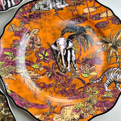 Vibrant orange decorbites jungle flower bone dining plates set featuring detailed jungle scene with elephant and tigers