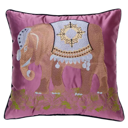 A plush pink elephant embroidery pillow cover featuring decorbites elephant embroidery with silver gold saddle design