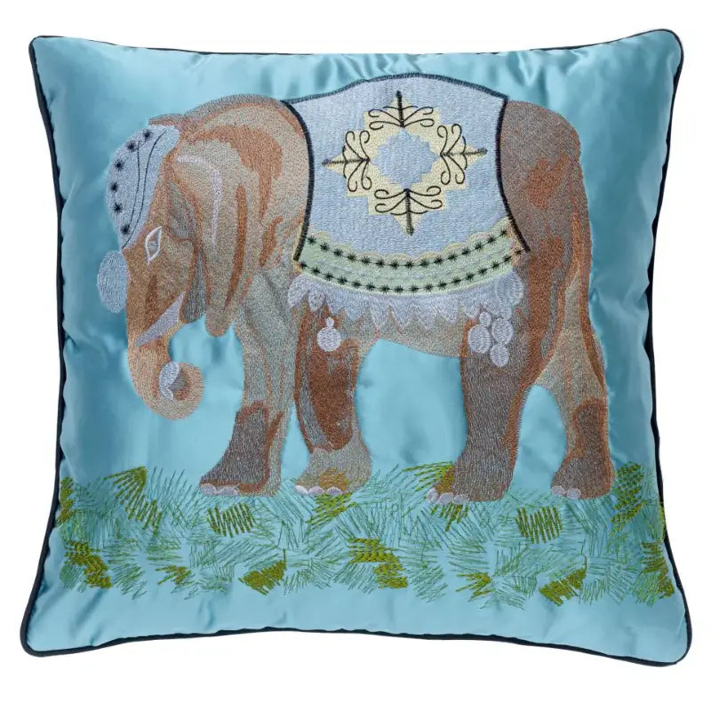 Light blue satin square pillow cover with intricately embroidered brown and beige elephant for living room decorbites elephant embroidery pillow