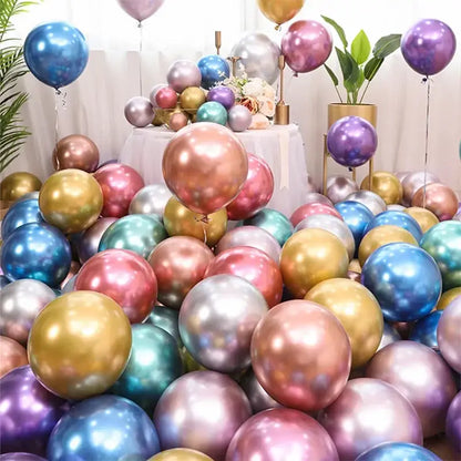 A vibrant metallic latex confetti balloon set featuring gold silver rose gold blue purple and teal balloons for party decor