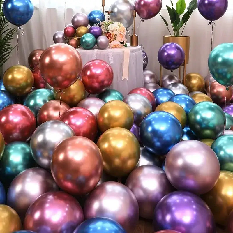 A vibrant metallic latex confetti balloon set featuring gold silver rose gold blue purple and teal balloons for party decor