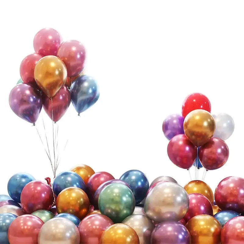 A vibrant metallic latex confetti balloon set featuring iridescent pink gold blue purple and green latex confetti balloons