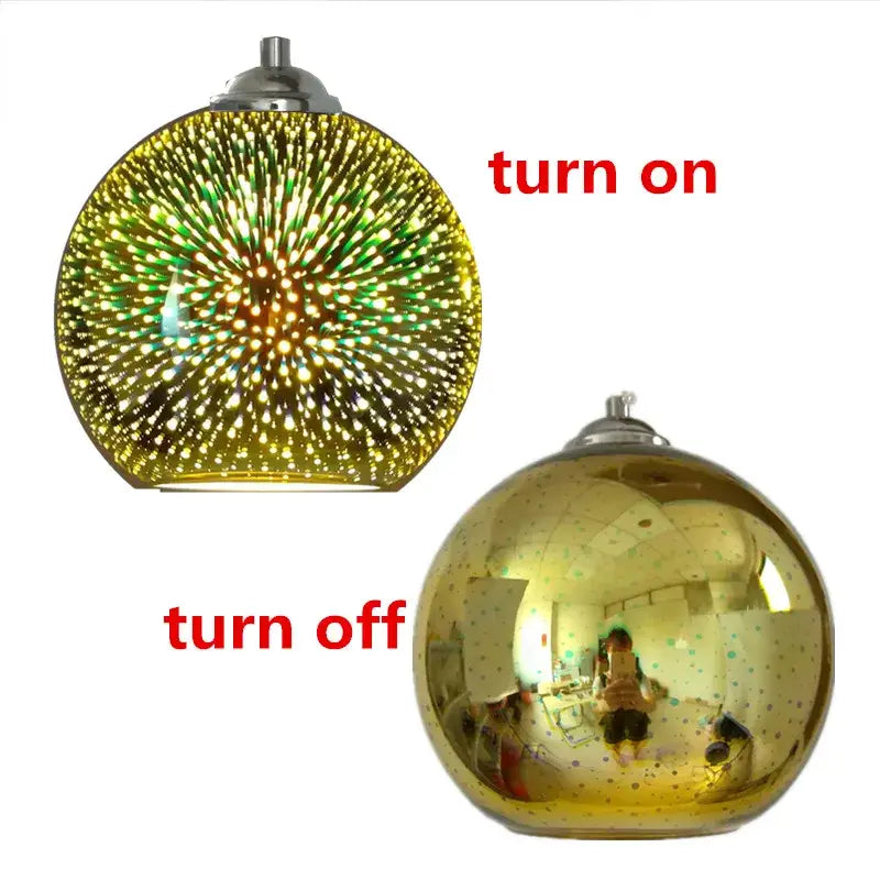 Vibrant multi-colored glass pendant light fixture with metallic top illuminating green and yellow starburst pattern