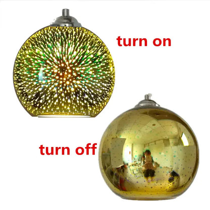 Vibrant multi-colored glass pendant light fixture with metallic top illuminating green and yellow starburst pattern