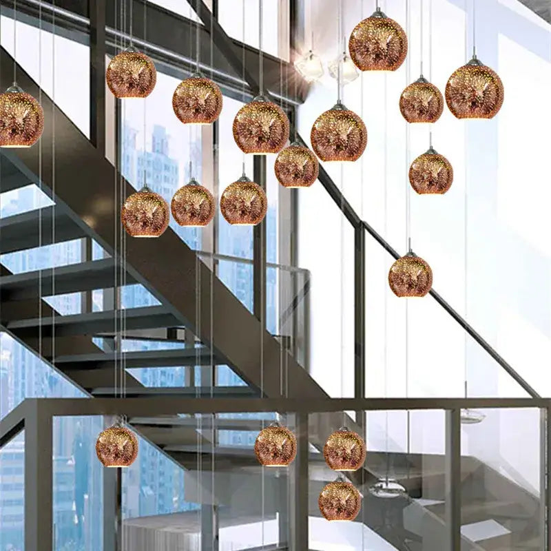 Copper-toned spherical pendant light fixture with textured hammered glass finish in an elegant cluster for living room