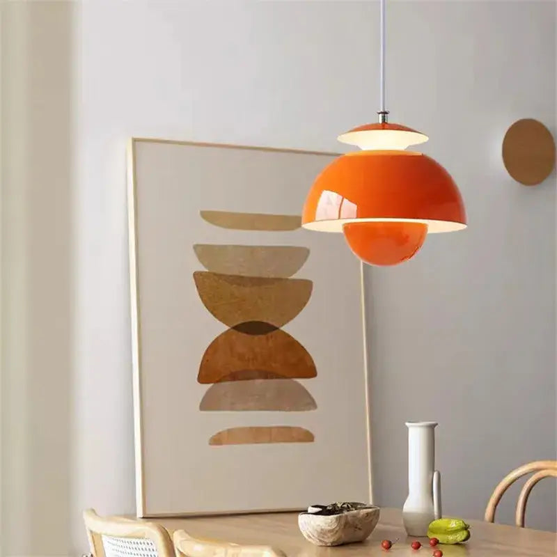 Vibrant orange glossy ceramic pendant light with layered dome design by decorbites designer flower bud for bedroom decor