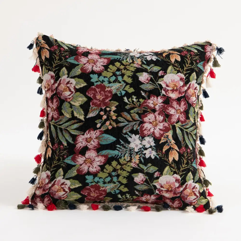 Black tapestry pillow cover with embroidered pink red and white flowers and colorful tassels for decorbites ethnic boho throw