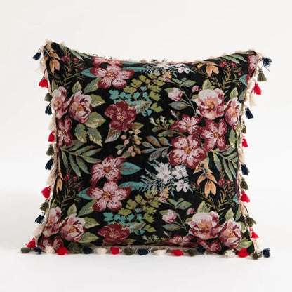 Black tapestry pillow cover with embroidered pink red and white flowers and colorful tassels for decorbites ethnic boho throw