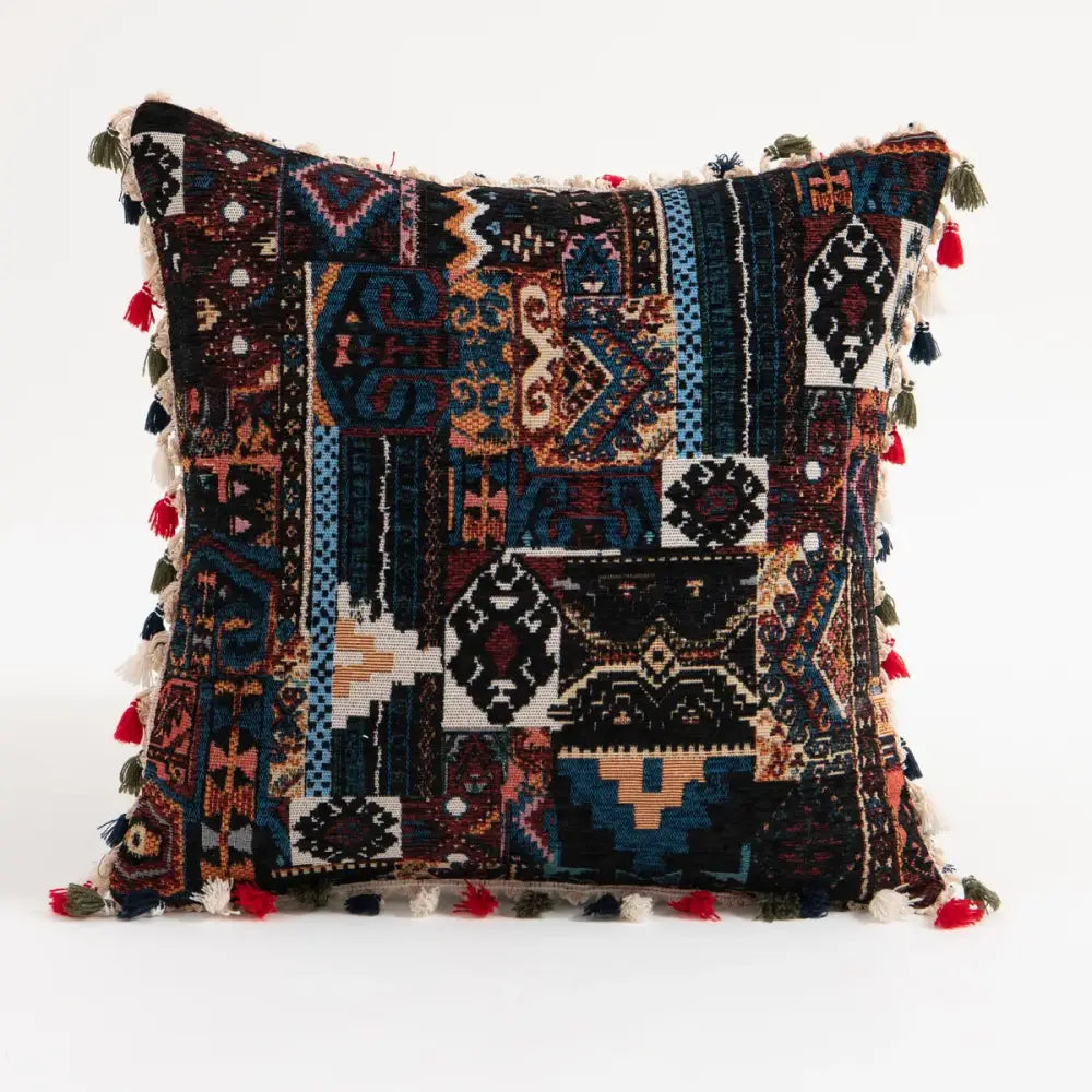 A vibrant patchwork ethnic boho throw pillow cover with geometric patterns and colorful tassels for decorbites pillow covers decor