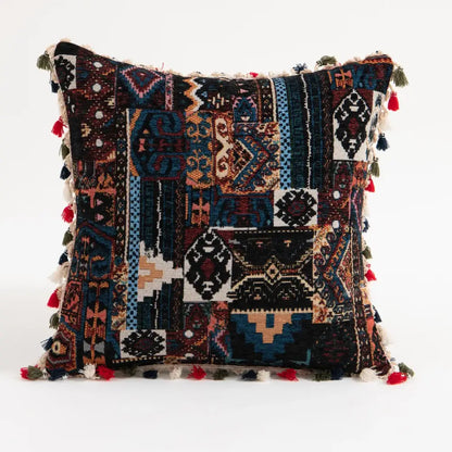 A vibrant patchwork ethnic boho throw pillow cover with geometric patterns and colorful tassels for decorbites pillow covers decor