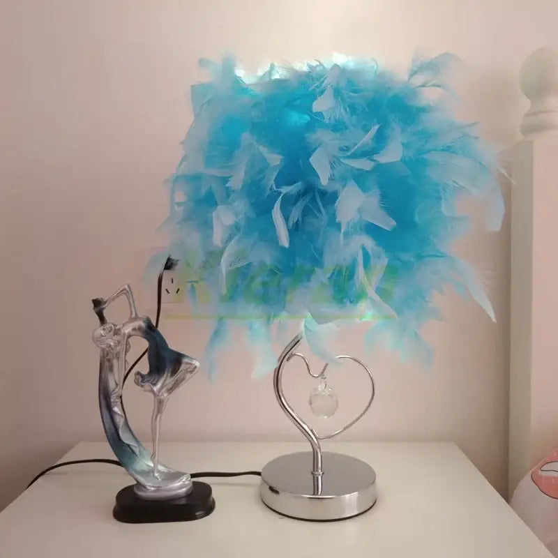 Vibrant blue feather led table lamp with metallic heart base for bedroom decorbites crystal feather lighting