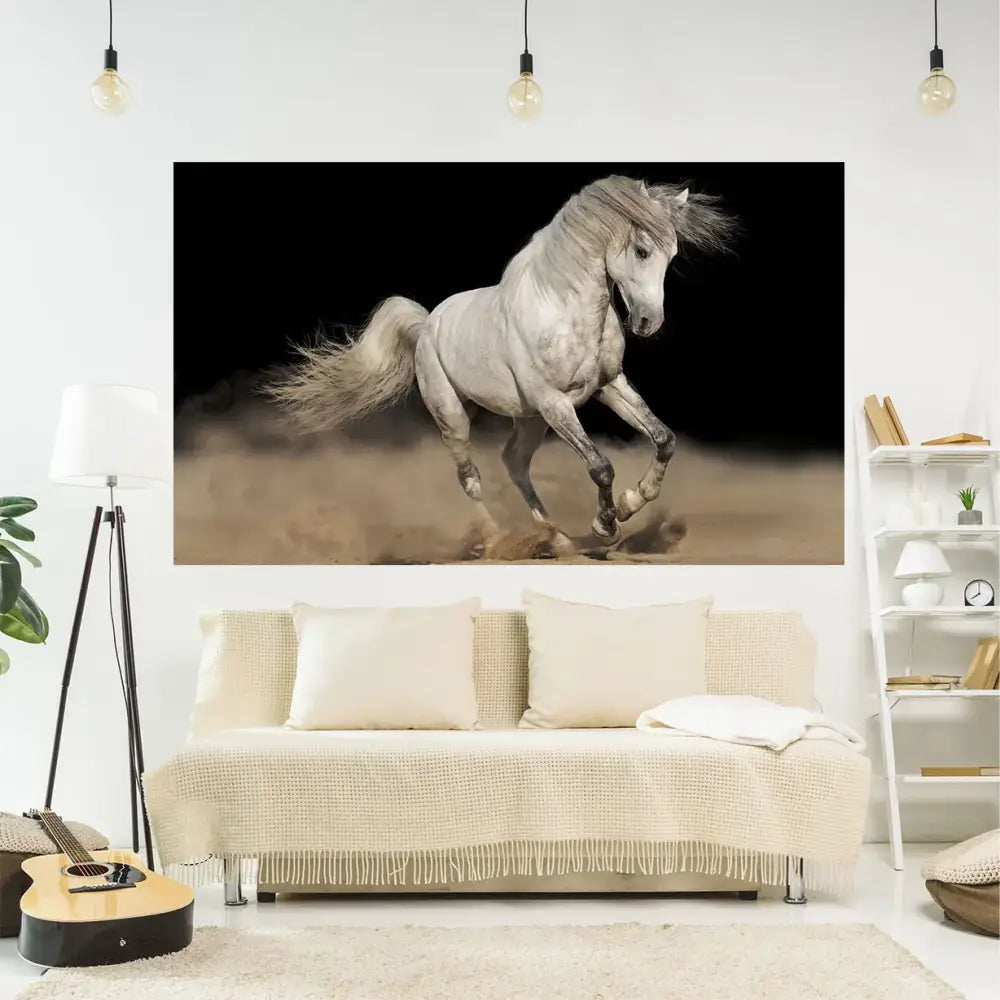 A striking black and white horse 3d printing tapestry wall hanging featuring a dynamic white horse in mid-gallop