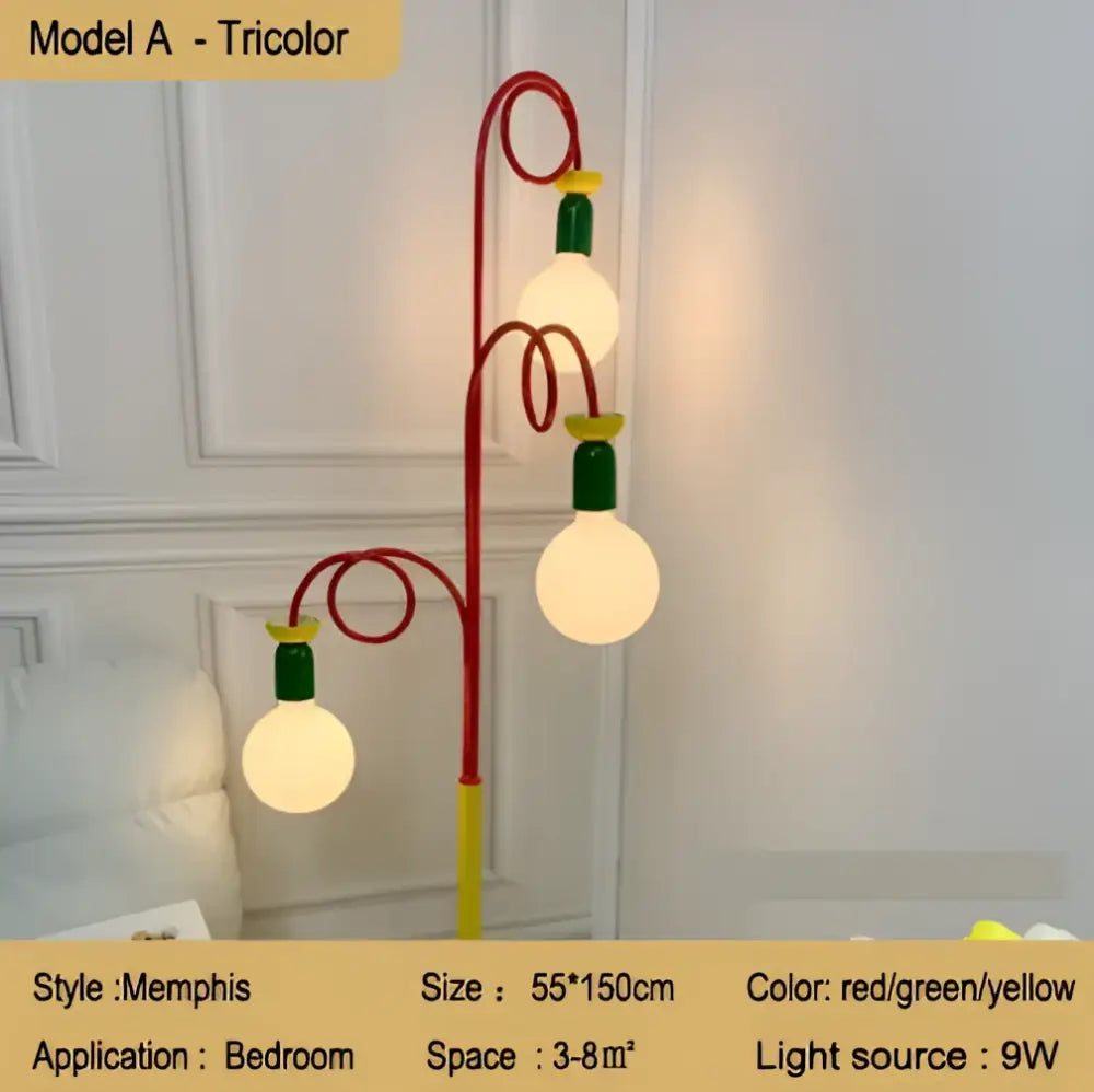 Vibrant red green and yellow memphis-style decorbites art led floor lamp with three bulb-shaped lights for living room decor