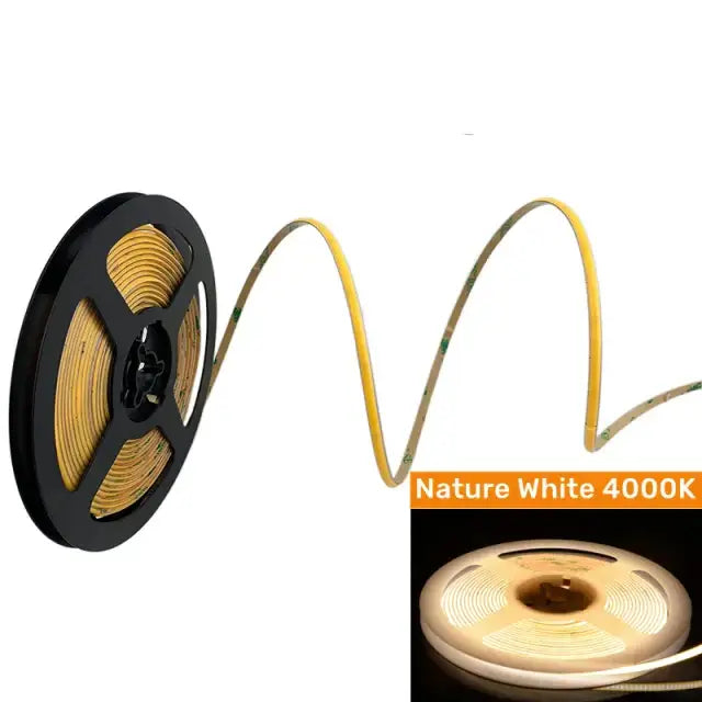 Nature white 4000k vibrant slim 4mm cob led strip lights with flexible yellowish-golden cable on black spool for bedroom lighting