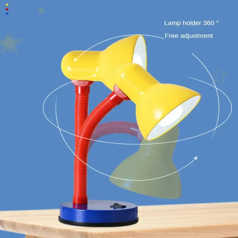 Bright yellow desk lamp with flexible red and purple gooseneck on blue base from decorbites led study desk collection