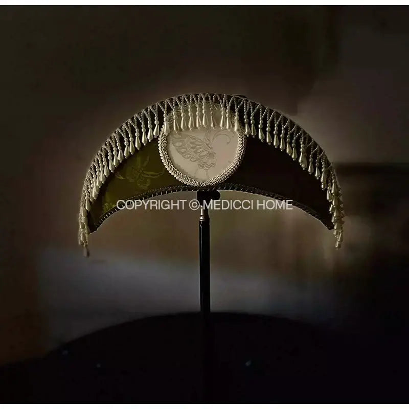 Elegant gold-toned crescent moon lampshade with beaded fringe and embroidered medallion for decorbites crescent moon decor