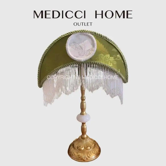 Victorian sage green crescent moon lampshade gold desk lamp with ornate gold finish and embroidered lace fringe decorbites crescent moon
