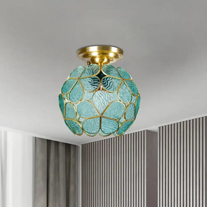 DecorBites™ Victorian stained glass flower ceiling light with turquoise textured glass and gold-toned metal fixture