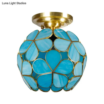 DecorBites™ victorian stained glass flower ceiling light with turquoise glass panels and gold-toned metal fixture