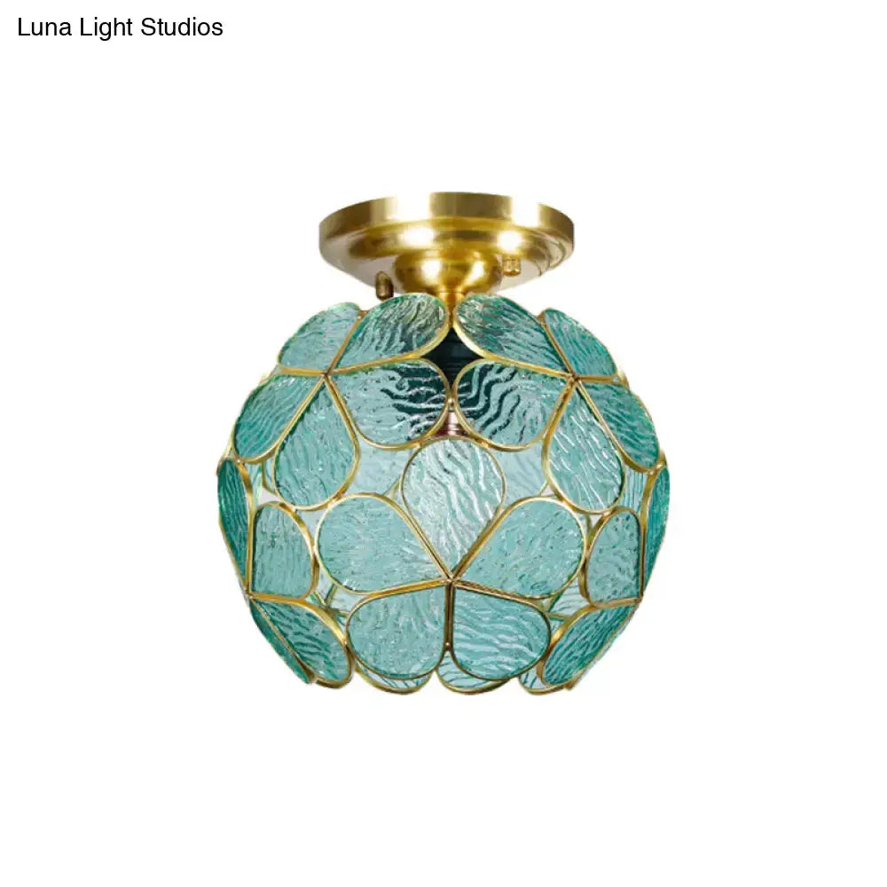 Decorbites victorian stained glass flower ceiling light with turquoise textured panels and gold-toned ceiling fixture