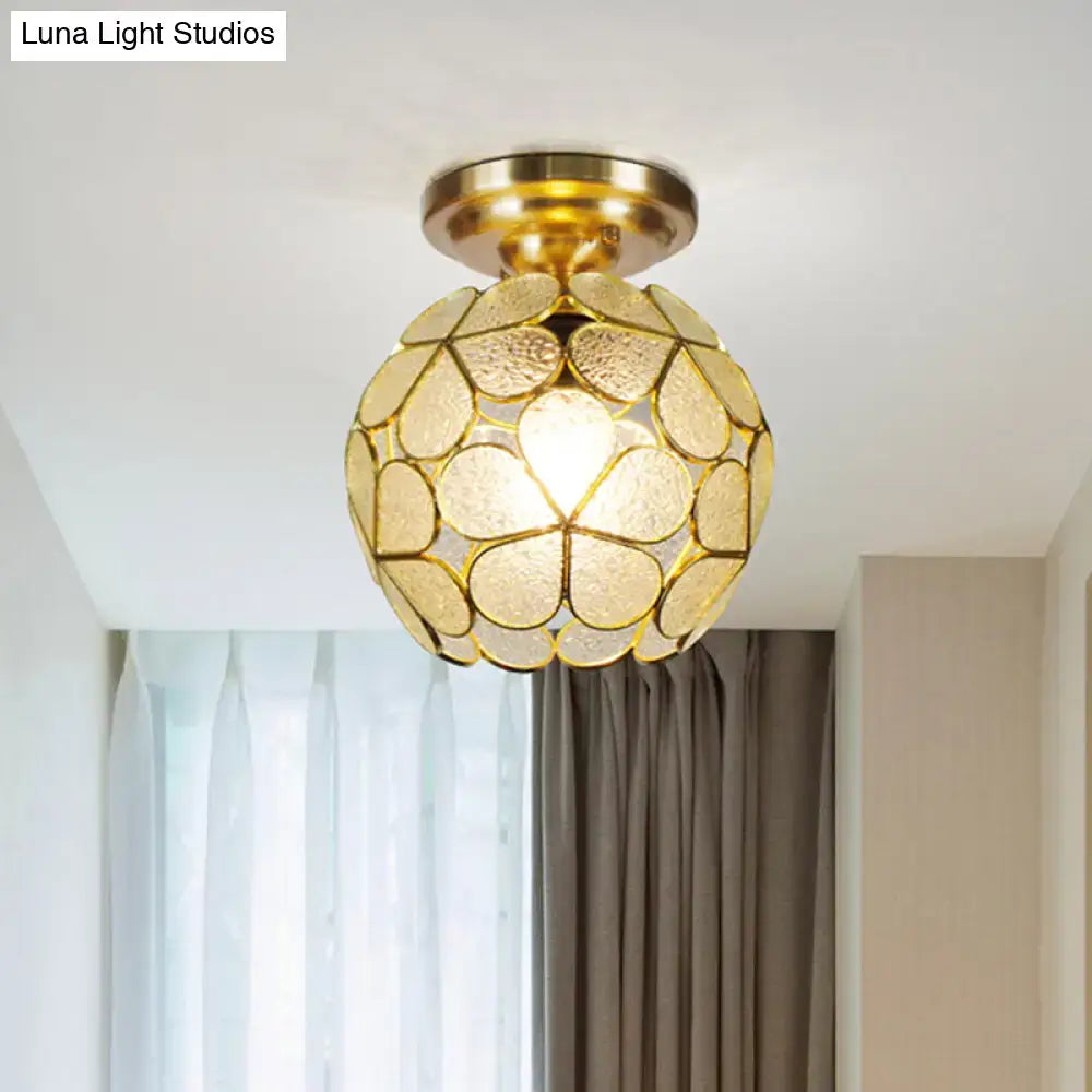 Gold-toned DecorBites™ Victorian stained glass flower ceiling light with textured translucent glass panels in white pink orange