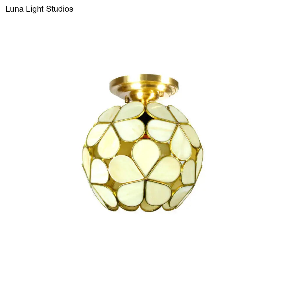 DecorBites™ Victorian stained glass flower ceiling light with off-white teardrop panels and brass finish semi-mount fixture