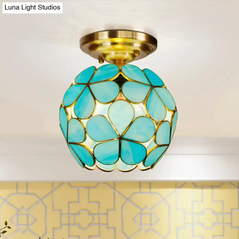 Decorbites™ victorian stained glass flower ceiling light with turquoise panels and gold-toned metal ceiling fixture