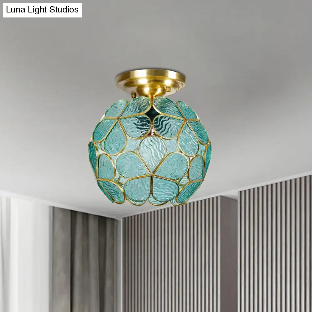 Decorbites victorian stained glass flower ceiling light in teal glass with gold metal accents and textured petal design