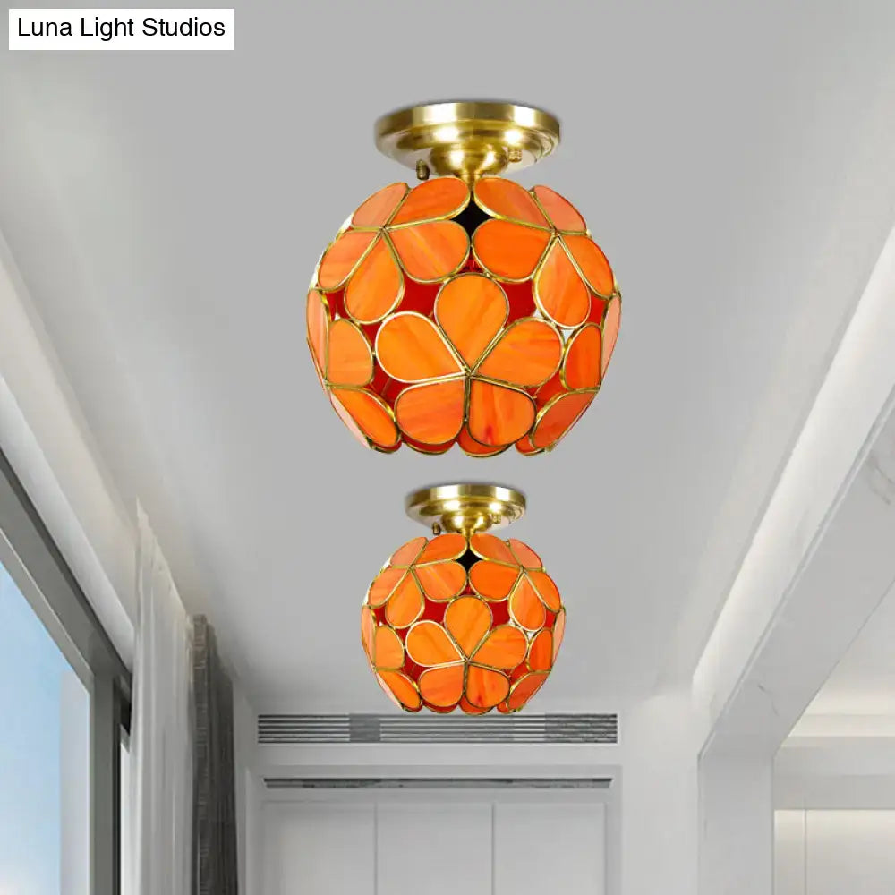 Decorbites victorian stained glass flower ceiling light with orange floral design and brass accents ceiling fixture