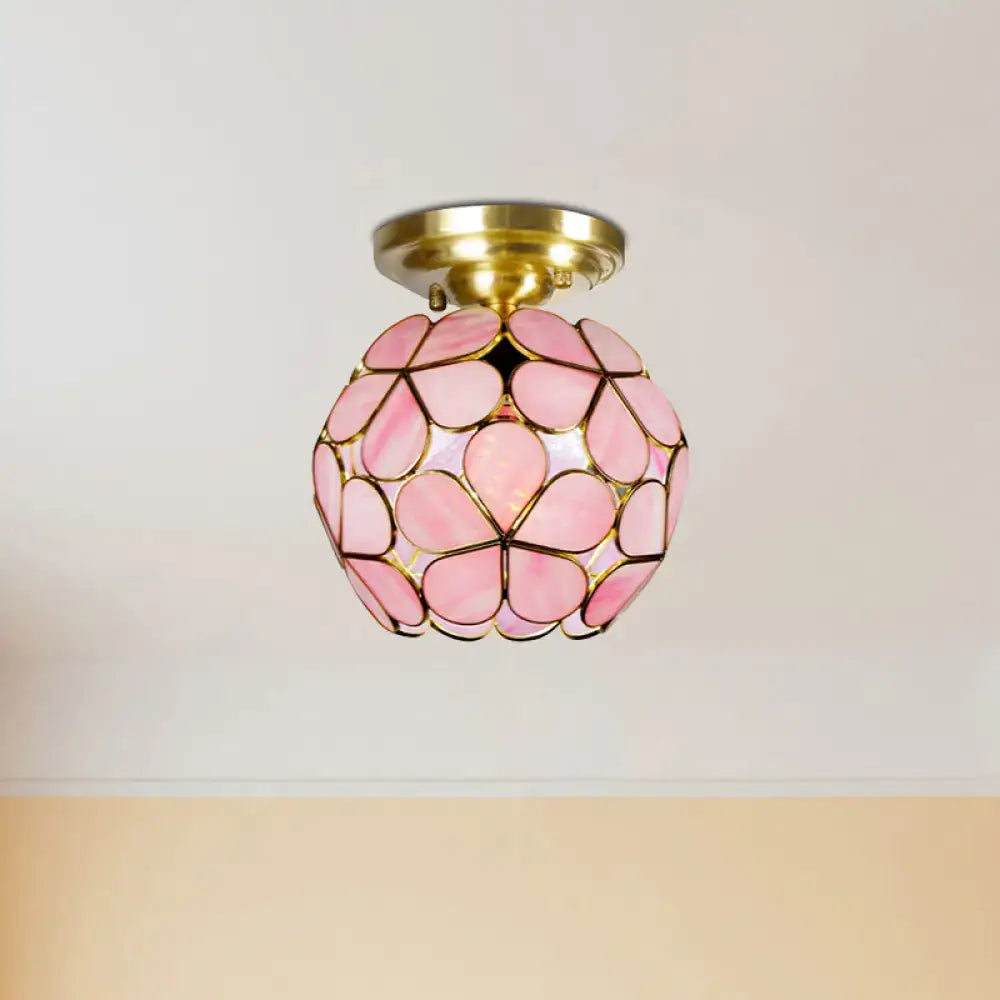 DecorBites Victorian stained glass flower ceiling light with pink floral pattern and brass ceiling fixture in white pink orange