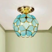 Decorbites victorian stained glass flower ceiling fixture with turquoise petals and gold-toned metal frame