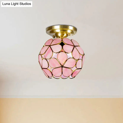 DecorBites Victorian stained glass flower ceiling light in white pink and orange with brass ceiling fixture