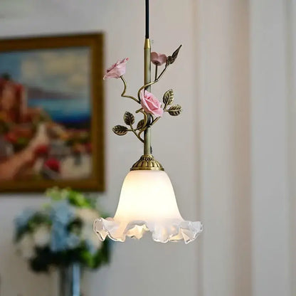 Vintage amber and rose floral pendant light with brass stem and frosted ruffled shade for dining room decorbites french rose copper