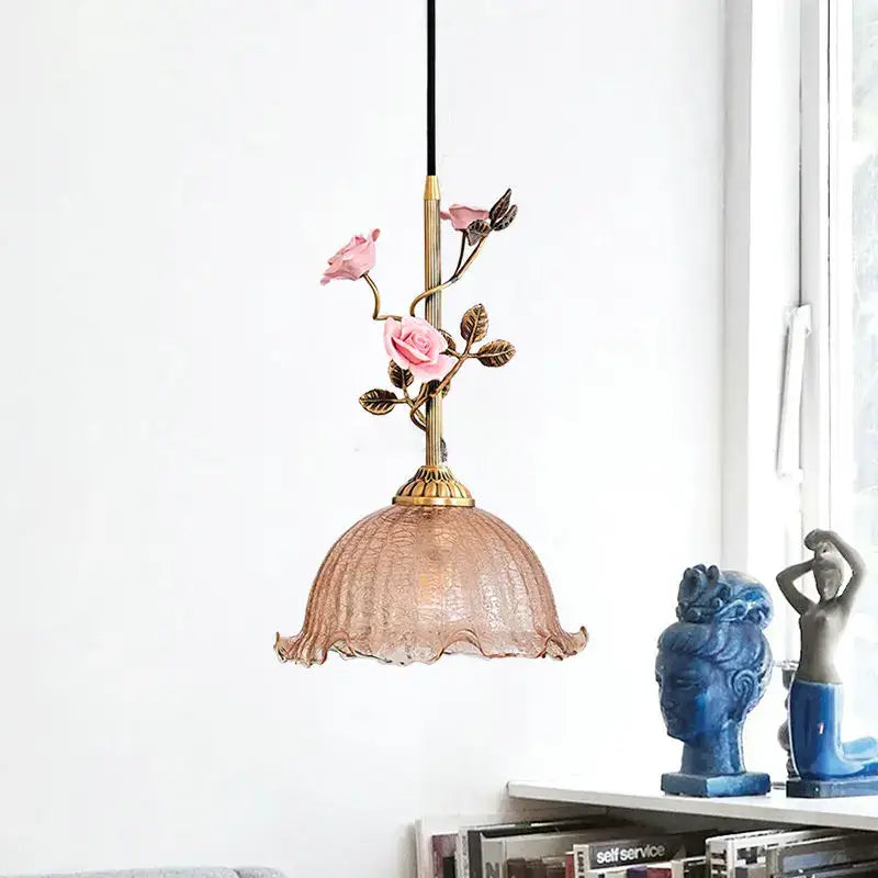 Vintage amber and rose floral pendant light with textured glass shade and brass accents for dining room decorbites french rose copper