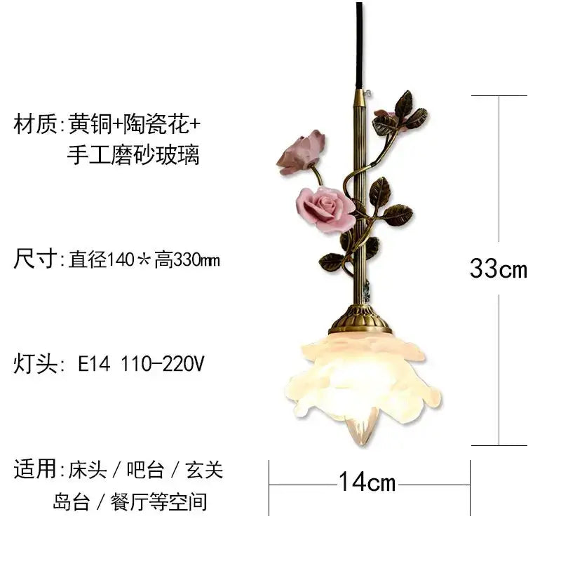 Vintage amber and rose floral brass pendant light with handcrafted pink ceramic roses and frosted glass shade decorbites french rose copper