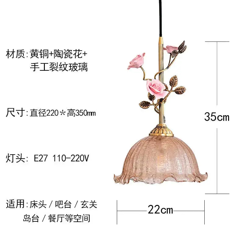 Delicate pink rose-themed pendant light with gold-toned brass frame and handcrafted glass shade for dining room decorbites french rose copper