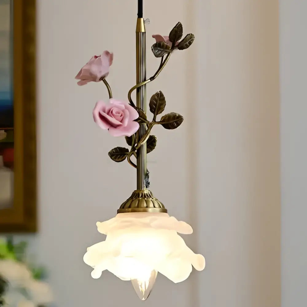 Delicate brass pendant light with sculpted pink roses and frosted glass shade decorbites french rose copper design
