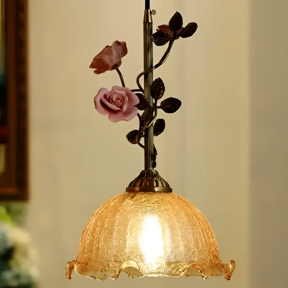 Antique brass pendant light with textured amber glass and delicate pink rose accents for decorbites french rose copper decor