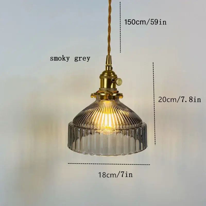 Smoky grey ribbed glass pendant light with brass hardware vintage colored glass pendant light for dining room use