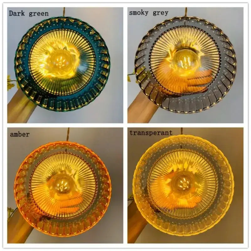 Vintage amber colored glass pendant light with vertical ridges and fluted circular design for dining room use