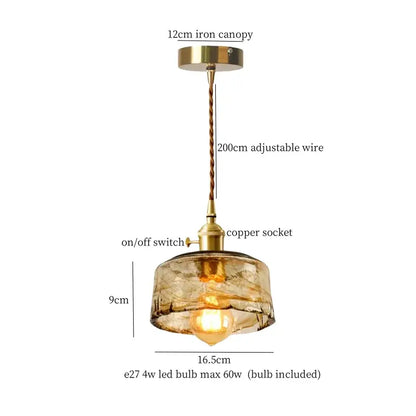 Vintage amber cracked glass led pendant light with brass canopy and copper socket for kitchen decorbites cracked glass style