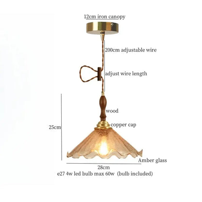 Vintage amber cracked glass led pendant lights with wooden stem copper cap 12cm iron canopy decorbites cracked glass