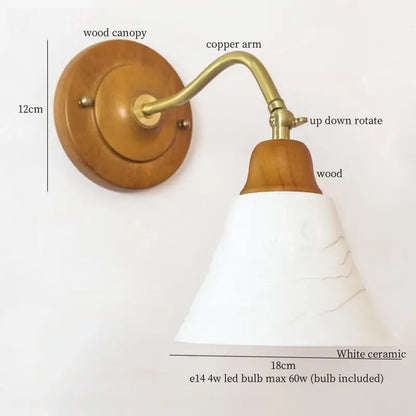 Vintage amber cracked glass led wall lights with brass wood sconce and white ceramic shade featuring subtle marble veining