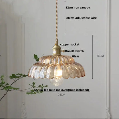 Vintage amber flower glass pendant lamp with fluted petals and brass accents for dining room lighting