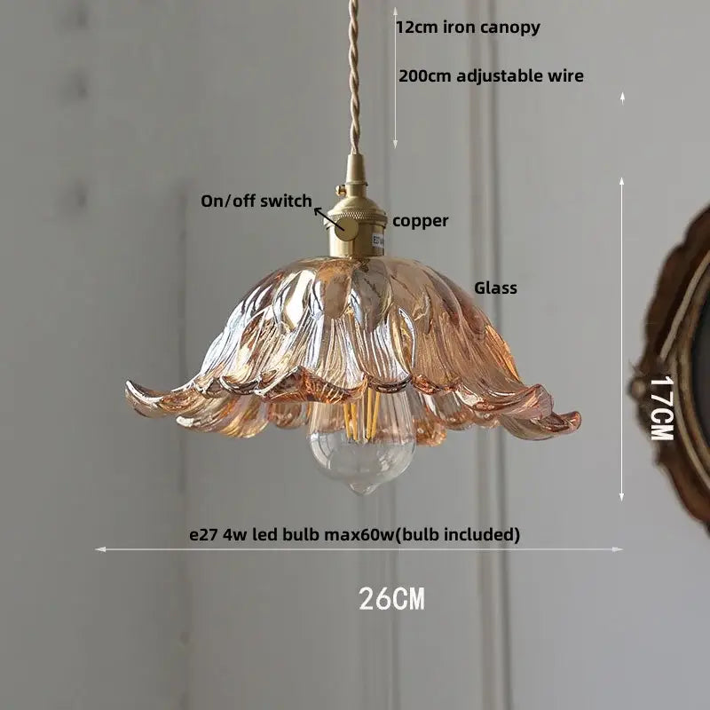 Delicate vintage amber flower glass pendant lamp with copper switch and 20cm adjustable wire for dining room lighting
