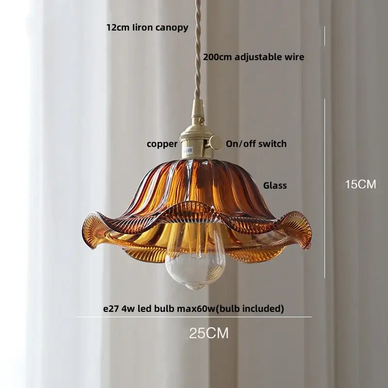 Vintage amber flower glass pendant lamp with hand-blown fluted design and copper-finished iron canopy for dining room